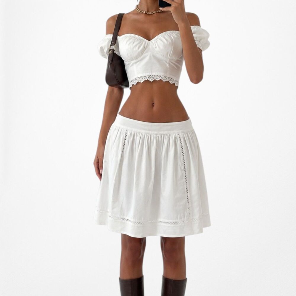 Vintage Y2K 90s White Lace Trim Knee Length Flared Skater A-Line Skirt Size S/M